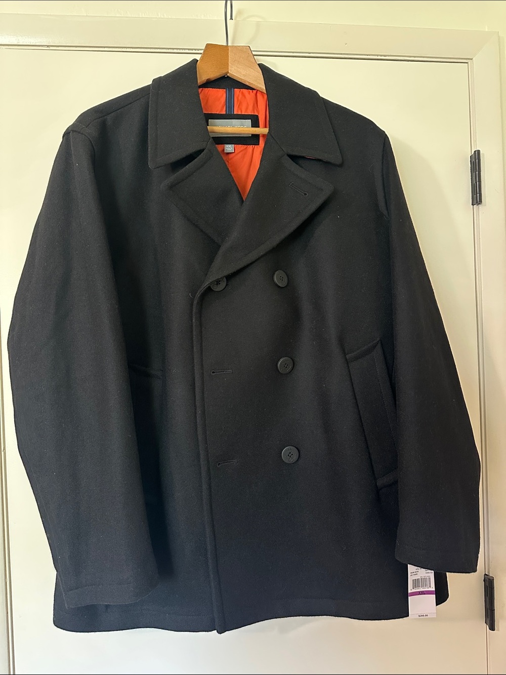 Michael Kors Black Double-Breasted Wool Peacoat with Orange Lining